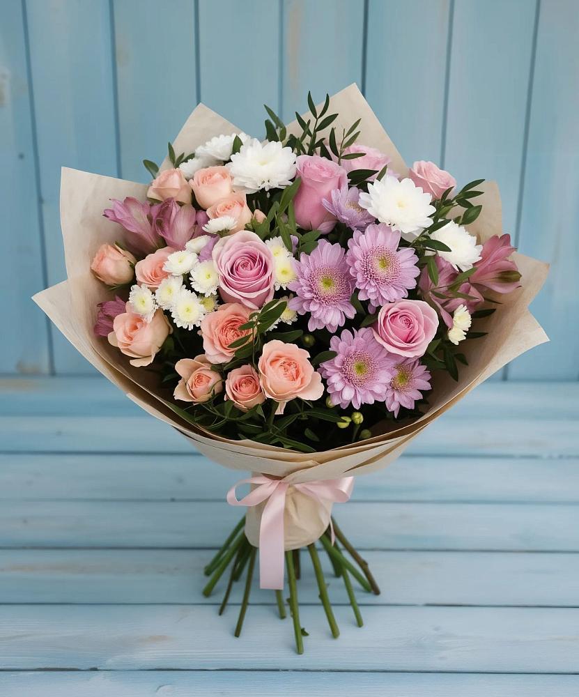 Букет цветов из: Хризантемы, Розы и Альстромерии в Смоленской