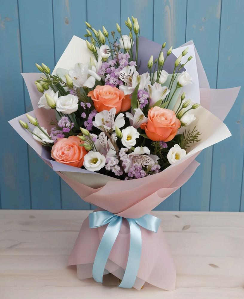 Букет цветов из: Лизиантусы, Розы, Альстромерии и Гипсофила в Смоленской