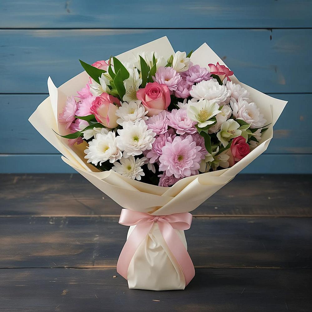 Букет цветов из: Хризантемы, Альстромерии и Розы в Смоленской